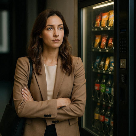 Portrait of confident businesswoman standing with arms crossed at vending machine