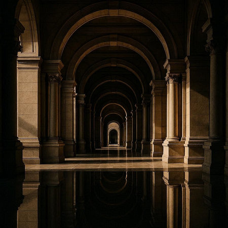 3d illustration of a corridor with columns and reflections in the water