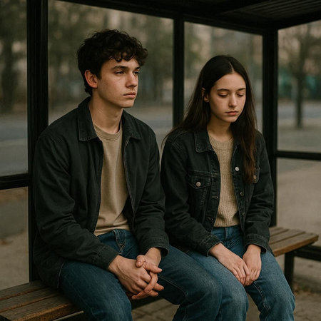 Sad young couple sitting on the bench in the park. Sadness concept.