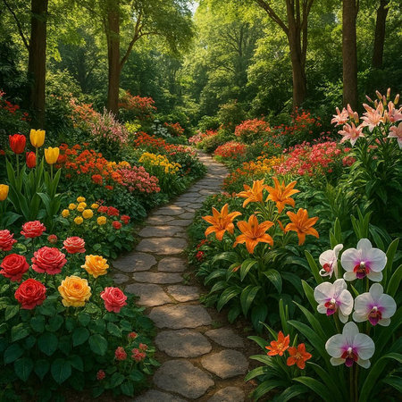 Garden path with blooming flowers in the park. Nature background