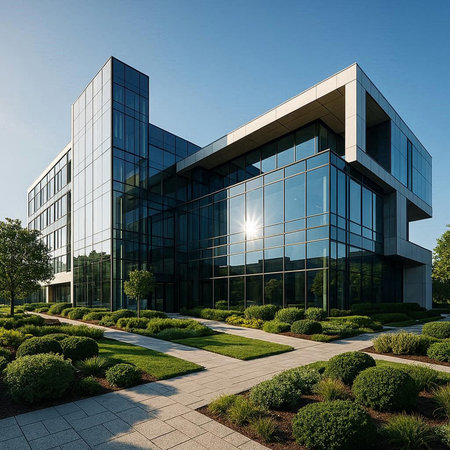 Modern office building. Perspective view of a modern office building with a glass facade. 3d...