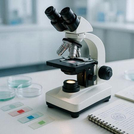 Microscope in the laboratory. Medical equipment. Scientific research concept.