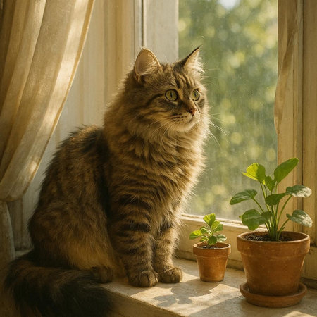 Siberian cat sitting on the windowsill and looking out the window