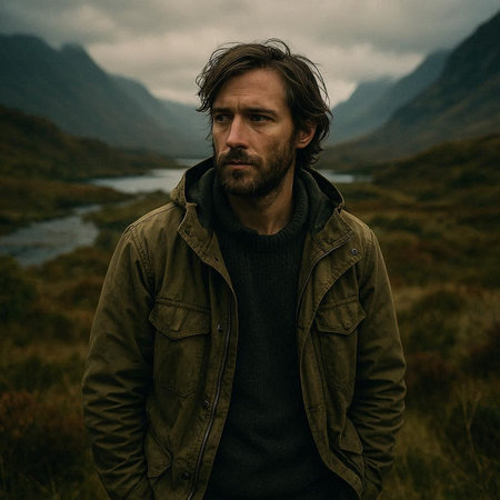 Handsome bearded man with long hair and beard in a green jacket and jeans on the background of a...