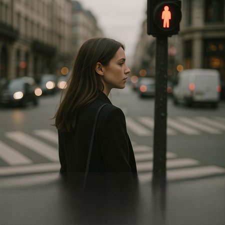 Beautiful young brunette woman in a black coat on a city street.