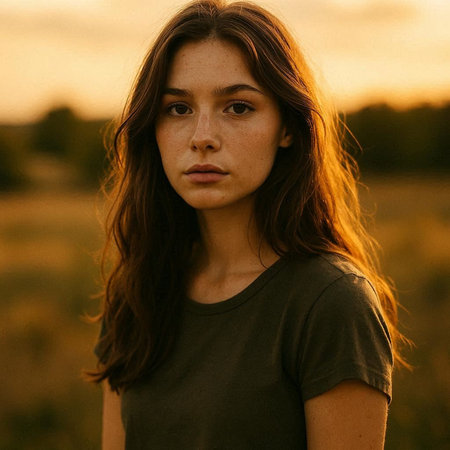 Portrait of a beautiful girl with long hair in a field at sunset