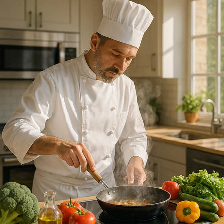 Chef cooking in the kitchen at home. Cooking healthy food.