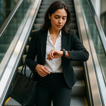 Young businesswoman checking time on wristwatch while walking down escalatorの写真素材