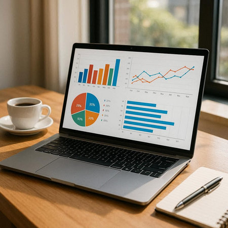 Laptop screen showing business and financial charts and graphs on a desk
