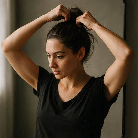 Portrait of a beautiful young woman in a black t-shirt