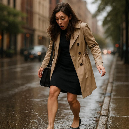 Young beautiful woman walking in the rain on a rainy day, wearing a coat