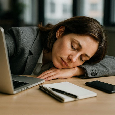 Tired businesswoman sleeping on table with laptop and smartphone in office
