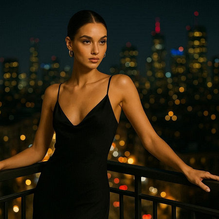 Portrait of a beautiful woman in a black dress on the balconyの写真素材