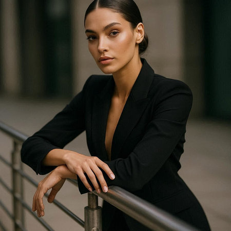Portrait of a beautiful young brunette woman in a black suit