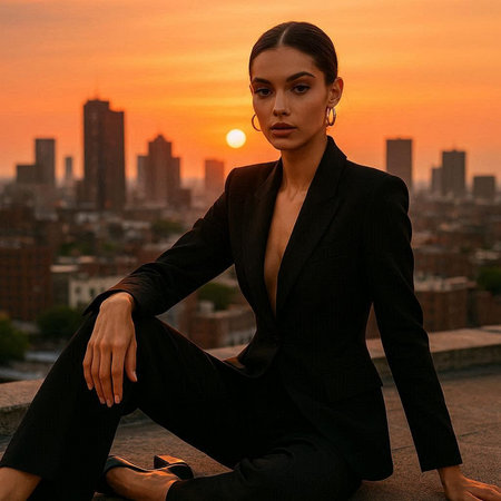 Beautiful young brunette woman in a black suit on the roof of a skyscraper against the sunsetの写真素材