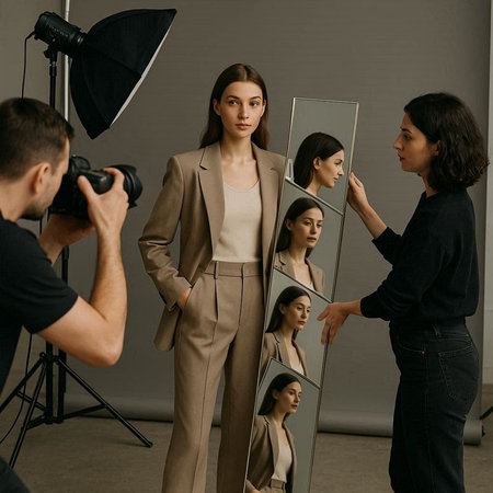 Professional photographer taking photo of model in photo studio. Fashion and style conceptの写真素材