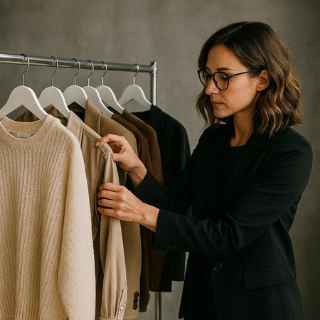 Fashionable woman in black jacket and eyeglasses choosing clothes on hangers