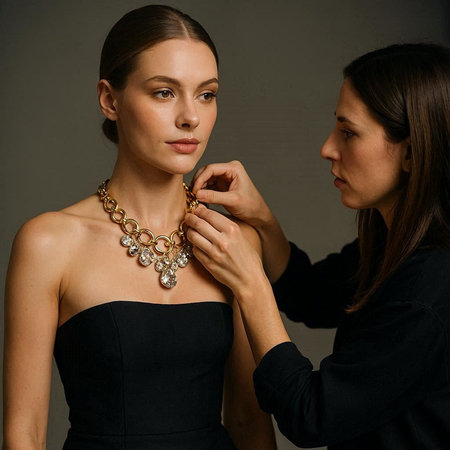 Portrait of a beautiful young woman in a black dress and jewelry