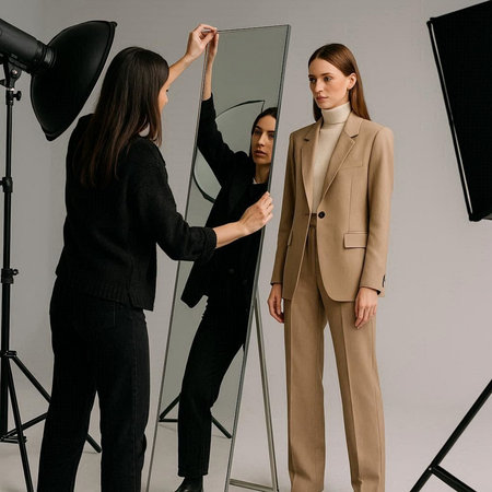 beautiful young woman looking at mirror in studio, isolated on greyの写真素材