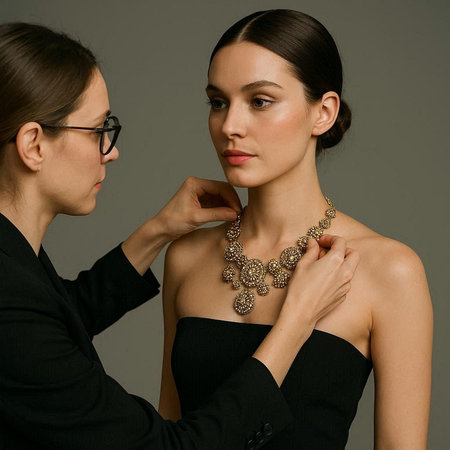 Beautiful young woman in black dress and jewelry. Studio shot.