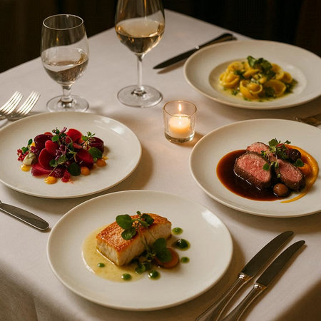 Dinner table with fish fillet, vegetables and wine in restaurant
