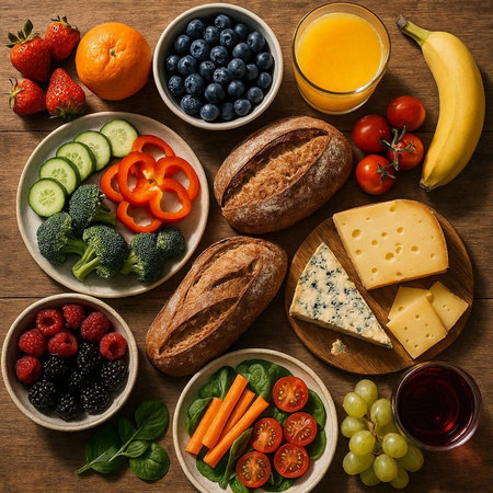 Healthy food selection on wooden background. Top view, flat lay