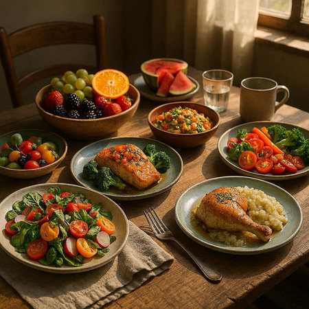 Healthy breakfast table with chicken, quinoa, fruit and vegetables
