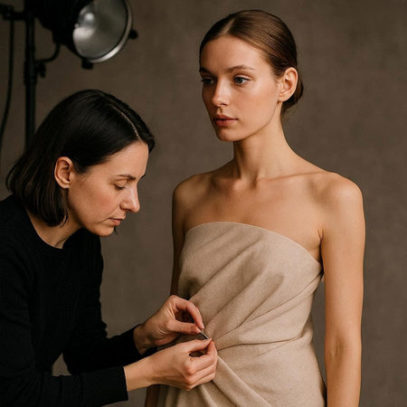 Portrait of two young women in studio, looking at each other
