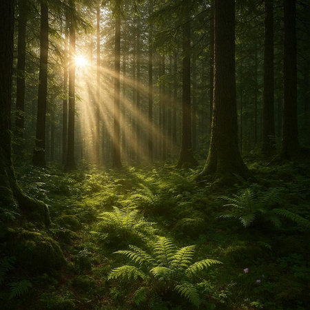 Beautiful sunrise in the forest with sun rays shining through the trees