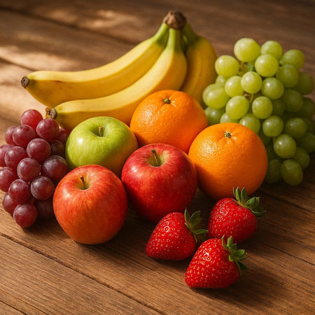 Fresh fruits on a wooden table. Healthy food. Fruit background.の写真素材