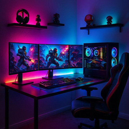 Computer in dark room with neon lights. 3D rendering. Computer games.