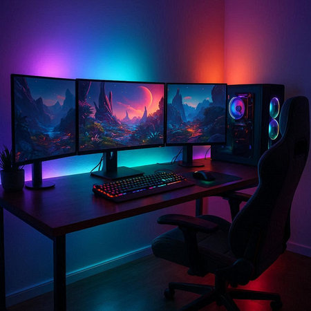 Computer in a room with colorful lights. 3D rendering. Computer graphics.