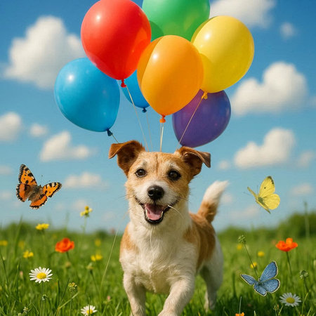 Funny dog with colorful balloons and butterflies on the meadow.の写真素材