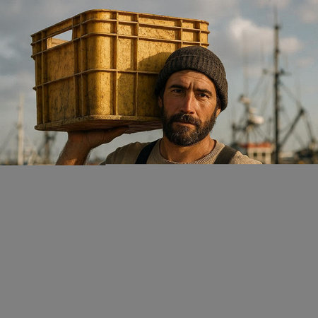 Portrait of a homeless man with a wooden box on the background of fishing boats