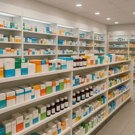 Pharmacy drugstore interior with shelves full of medicines and containersの写真素材