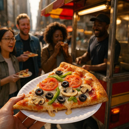 Group of friends eating pizza on a street food festival in the cityの写真素材