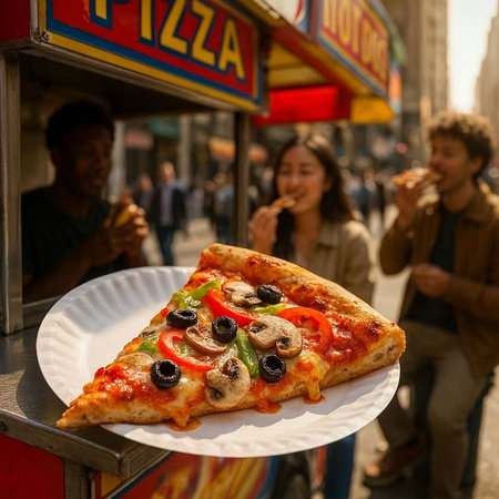 Pizza on a street food cart with people in the background.