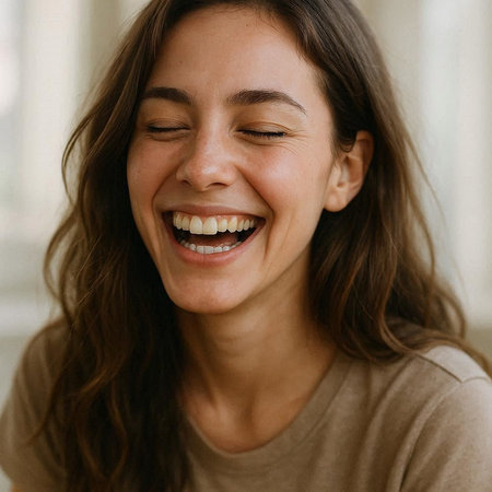 Close up portrait of a happy young woman laughing and looking at camera