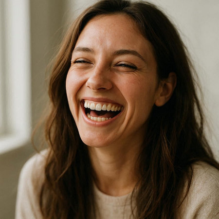 Close up portrait of a happy young woman laughing and looking at camera