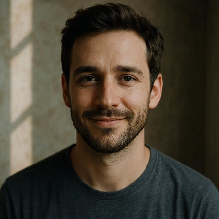 Portrait of a handsome man with a beard and mustache in a gray t-shirtの写真素材
