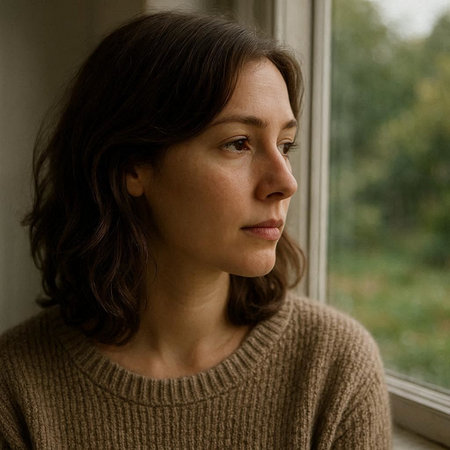 Portrait of a middle-aged woman looking out the window.