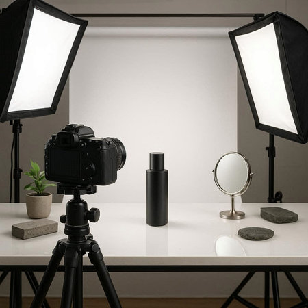 Photo studio with professional equipment and lighting equipment. 3d rendering.