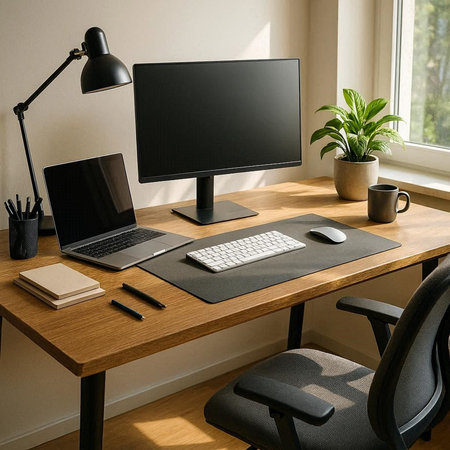Modern workplace with computer and office supplies on wooden desk. Mock up, 3D Rendering
