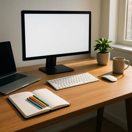 Workspace with computer, keyboard, notebook and coffee cup on wooden table.