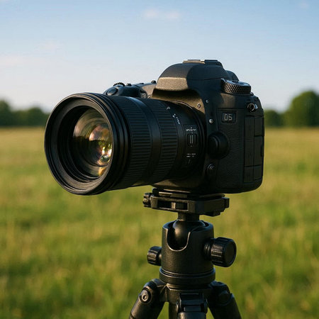 Camera on a tripod on the background of a green field and blue sky