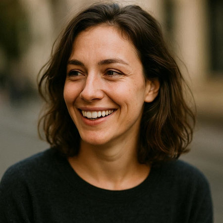 Portrait of a young woman smiling at the camera in the street.