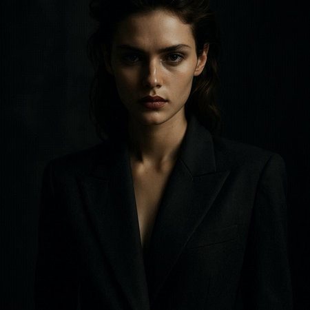 portrait of a beautiful woman in a black suit on a dark backgroundの写真素材