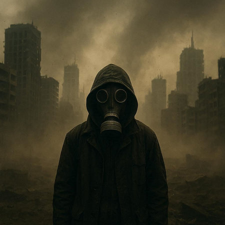 Man in a gas mask on a background of buildings in the fog