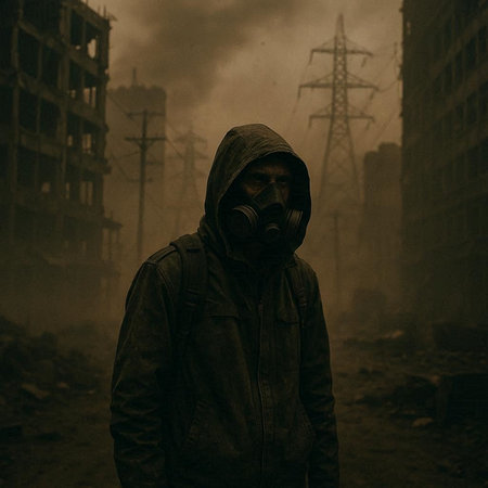 Man in a gas mask in the smoke of a construction site.の写真素材
