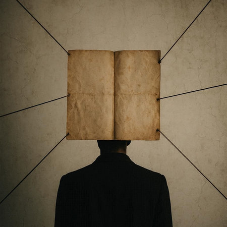 Businessman with a book in his head on an abstract background.